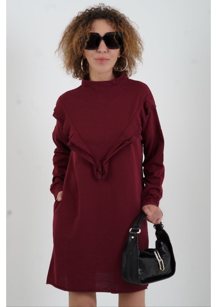 Bordo Fırfırlı Cepli Tunik fiyatları