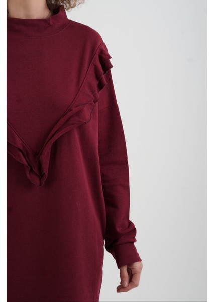 Bordo Fırfırlı Cepli Tunik modelleri