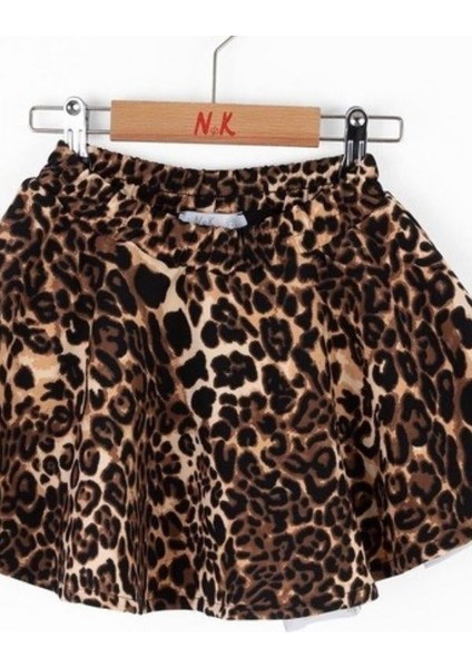 Kız Çocuk Beli Lastikli Tütü Leopar Desenli Kloş Etek