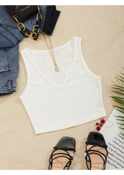 V Yaka Beyaz Renk Fitilli Crop Top Bluz