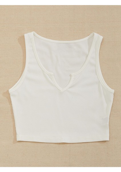 V Yaka Beyaz Renk Fitilli Crop Top Bluz fiyatları