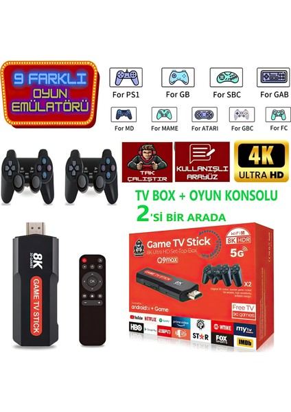 Android Tv Box + Oyun KONSOLU(20.000 Oyunlu) 2'si 1 Arada -Full Set ( 2024 Yeni Model)