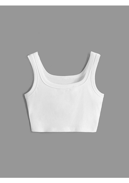 U Yaka Askılı Beyaz Renk Fitilli Crop Top Büstiyer