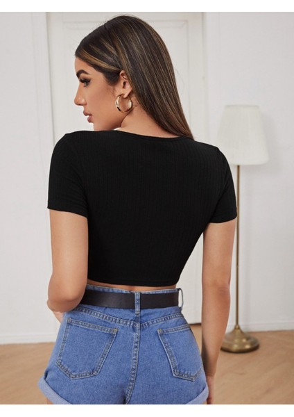 Geniş V Yaka Ipli Siyah Renk Fitilli Kısa Kollu Slim Fit Crop Top Bluz fiyatları