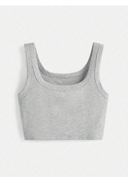 U Yaka Askılı Gri Renk Fitilli Crop Top Büstiyer