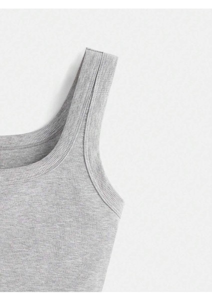 U Yaka Askılı Gri Renk Fitilli Crop Top Büstiyer modelleri