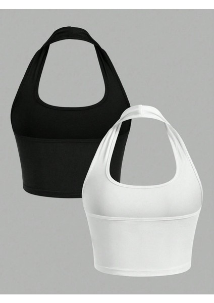 Kadın Crop Top Bluz 2'li Paket Siyah ve Beyaz Renk Kare Yaka Boyun Askılı Tasarım fiyatları