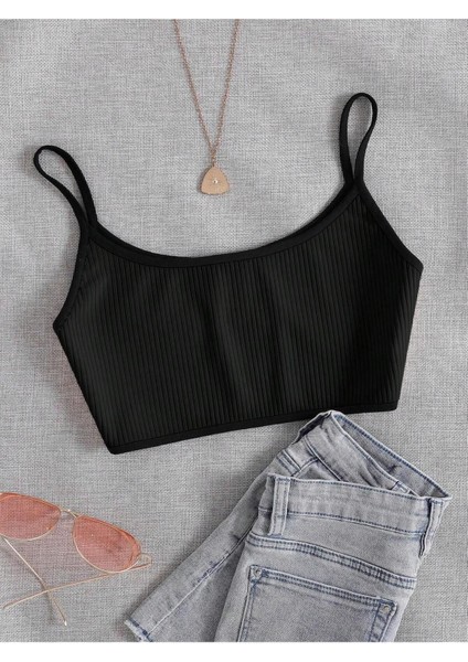 Bisiklet Yaka Askılı Siyah Renk Fitilli Crop Top Büstiyer