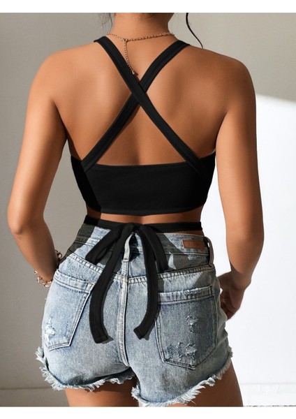 Düz Yaka Çapraz Bağcıklı Askılı Siyah Renk Fitilli Crop Top Bluz