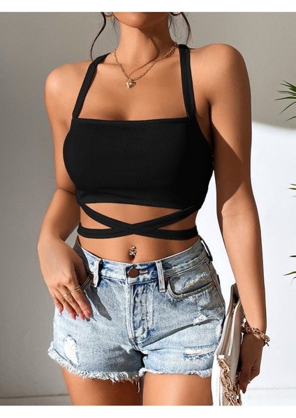 Düz Yaka Çapraz Bağcıklı Askılı Siyah Renk Fitilli Crop Top Bluz indirimleri