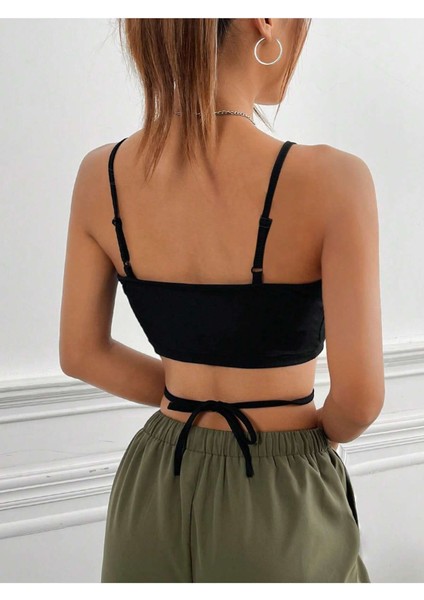 Yuvarlak Yaka Askılı Çapraz Bağcıklı Siyah Renk Fitilli Crop Top Büstiyer