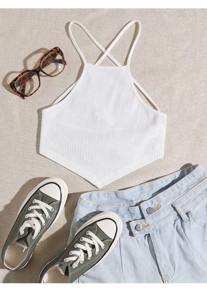 Halter Yaka Sırtı Açık Çapraz Askılı Bağcıklı Beyaz Renk Fitilli Crop Top Bluz