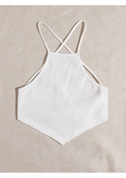 Halter Yaka Sırtı Açık Çapraz Askılı Bağcıklı Beyaz Renk Fitilli Crop Top Bluz