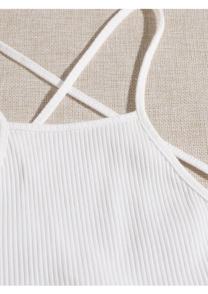 Halter Yaka Sırtı Açık Çapraz Askılı Bağcıklı Beyaz Renk Fitilli Crop Top Bluz