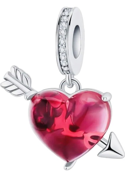 Kırmızı Şeffaf Kalp ve Ok Charm | 925 Ayar Gümüş
