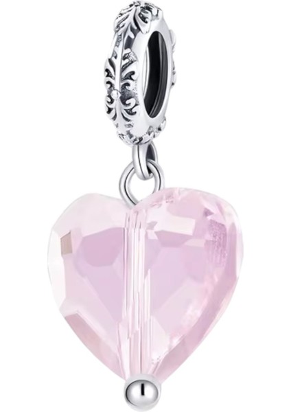 Pembe Kristal Kalp Charm | 925 Ayar Gümüş