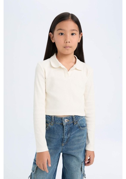 Kız Çocuk Cropped Fit Polo Yaka Basic Düz Fitilli Kaşkorse Uzun Kollu Tişört D3367A824AU modelleri
