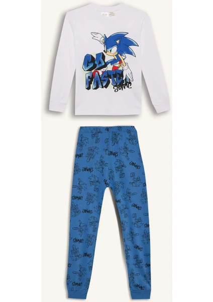 Erkek Çocuk Pijama Takımı Sonic the Hedgehog Bisiklet Yaka Uzun Kollu Tişört Uzun Alt D5513A824WN