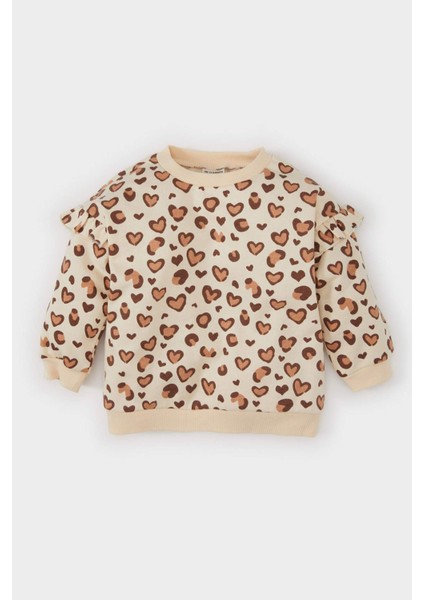 Kız Bebek Bisiklet Yaka Leopar Desenli İçi Yumuşak Tüylü Sweatshirt D7194A524WN