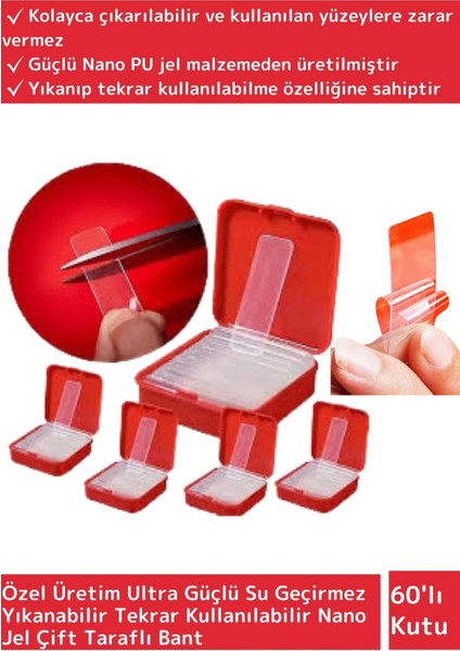 Ultra Güçlü Suya & Toza Dayanıklı İz Bırakmaz Nano Jel Çift Taraflı Bant 60 Adet