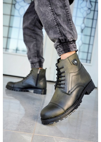 Thomas Haki Yeşil Garantili Su & Soğuk Geçirmez Kışlık Fermuarlı Bot Kauçuk Taban Sağlam THOMAS-254