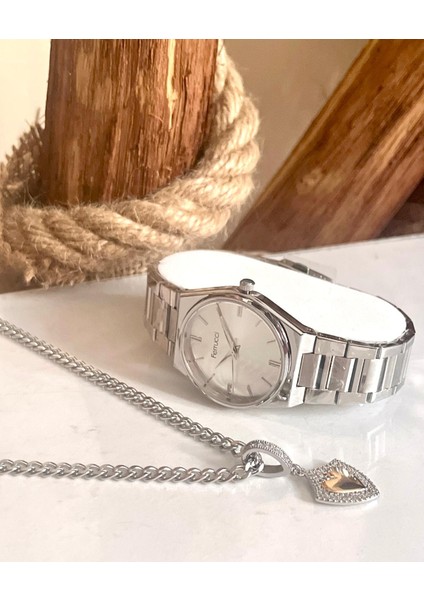 Silver Renk Çelik Klasik Kol Saat+Çelik Kalın Zincirli Zirkon Taşlı Kolye Hediye Set