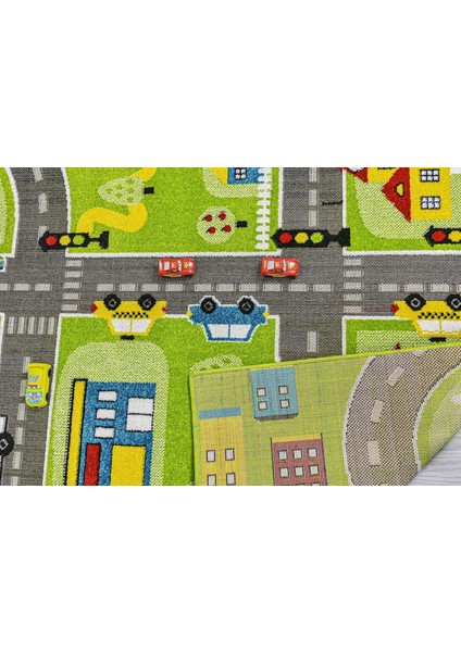 3 Boyutlu Yeşil Trafik Arabalı Dokuma Çocuk Oyun Halısı modelleri