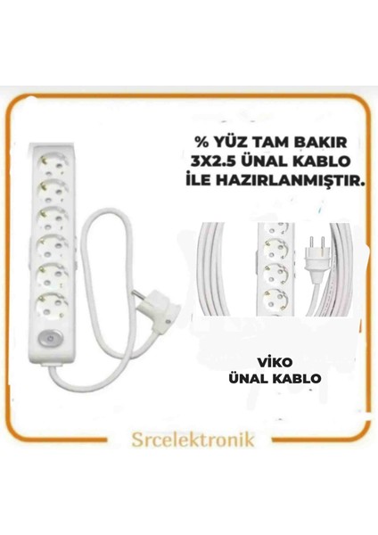 Multi-Let 6'lı Ünal Kablo (12 ile 40 Metre Arası) Anahtarlı Topraklı Çocuk Korumalı Uzatma ( 3x2.5 Ünal Kablo Tam Bakır) Ttr Kablo HO5VV-F