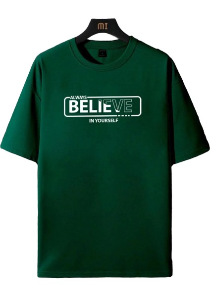 Erkek Yeşil Always Believe Baskılı Oversize T-Shirt