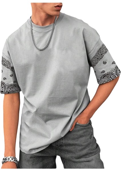 Erkek Duman Gri Kol Desenli Oversize T-Shirt
