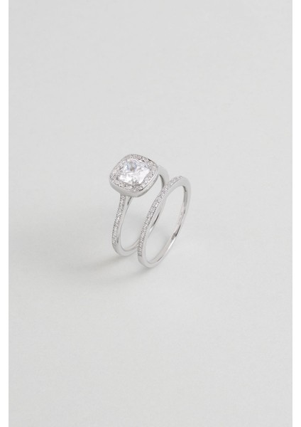 Baget Parıltısı 18 Ayar Beyaz Altın Kaplama Ikili Gümüş Yüzük