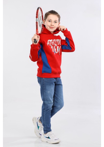 Kapüşonlu 3 Ip Kışlık Erkek Çocuk Baskılı Kalın Sweatshirt Kırmızı MRN7014