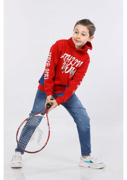 Kapüşonlu 3 Ip Kışlık Erkek Çocuk Baskılı Kalın Sweatshirt Kırmızı MRN7014 fiyatları