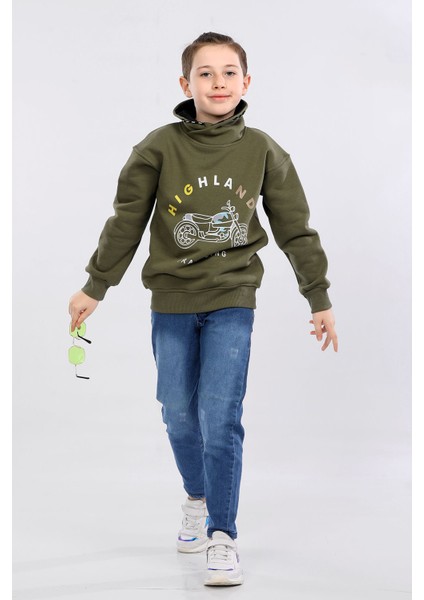 Degaje Yaka 3 Ip Kışlık Erkek Çocuk Kalın Sweatshirt Haki MRN7022