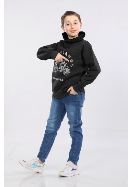 Degaje Yaka 3 Ip Kışlık Erkek Çocuk Kalın Sweatshirt Füme MRN7022