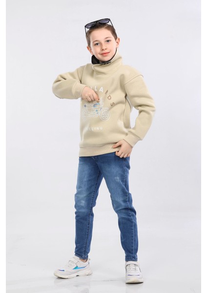 Degaje Yaka 3 Ip Kışlık Erkek Çocuk Kalın Sweatshirt Bej MRN7022