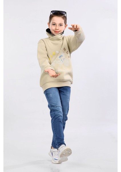 Degaje Yaka 3 Ip Kışlık Erkek Çocuk Kalın Sweatshirt Bej MRN7022 fiyatları