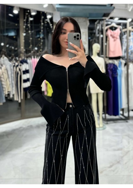 Kayel Bordot Yaka Kol Yırtmaç Detaylı Fermuarlı Triko Hırka Siyah