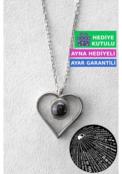 Gümüş 100 Dilde Seni Seviyorum Yazan 18 Ayar Beyaz Altın Kaplama Kalp Kolye 925 Ayar Gümüş Kadın Kolye | Bayan Yüz Dilde Seni Seviyorum Kolyesi Kalpli Kadın Gümüş Kolye