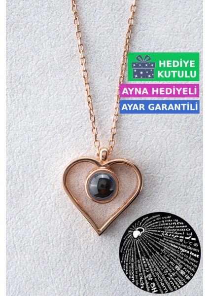 Gümüş 100 Dilde Seni Seviyorum Yazan 18 Ayar Rose Altın Kaplama Kalp Kolye 925 Ayar Gümüş Kadın Kolye | Bayan Yüz Dilde Seni Seviyorum Kolyesi Kalpli Rose Gold Kadın Gümüş Kolye