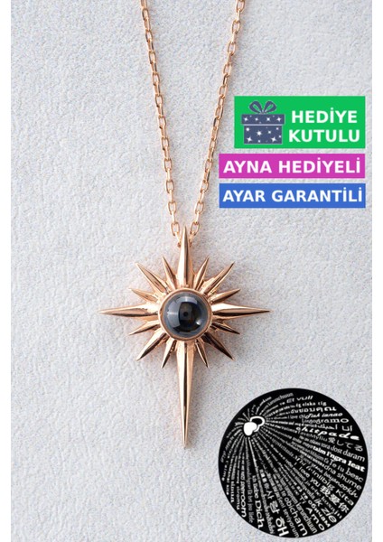 Gümüş 100 Dilde Seni Seviyorum Yazan 18 Ayar Rose Altın Kaplama Kutup Yıldızı Gümüş Kolye 925 Ayar Gümüş Kadın Kolye | Bayan Yüz Dilde Seni Seviyorum Kolyesi Kutup Yıldızı Kadın Gümüş Kolye