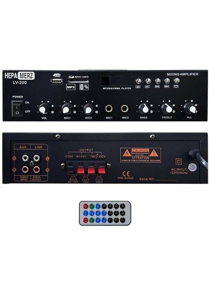 Hepa Merz LV-200 100V Trafolu ve 4-16 Ohm Mixer Amfi 200W Anfi Bluetooth USB