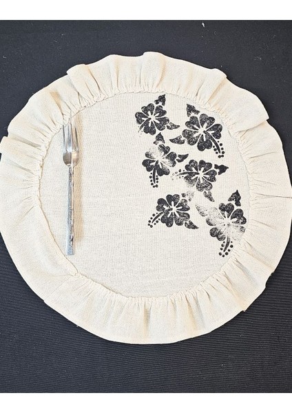 %100 Pamuklu Ham Keten Pamuk Fırfırlı Çiçek Taş Baskı 6\' Lı Amerikan Servisi Supla Yuvarlak 45CM modelleri