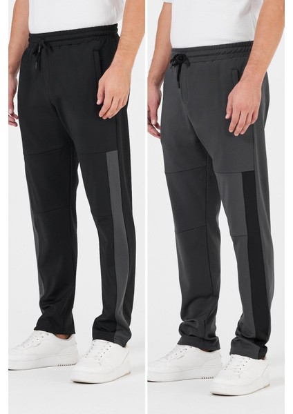 Erkek Siyah-Antrasit Standart Fit Normal Kesim Düz Paça Cep Fermuarlı Rahat Jogger 2'li Eşofman Altı