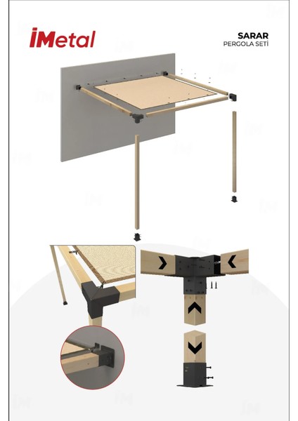 Sarar Duvardan Tek Bölümlü Hazır Ahşap Pergola Seti 85 x 85 mm Ahşaplar ve Tente Dahil