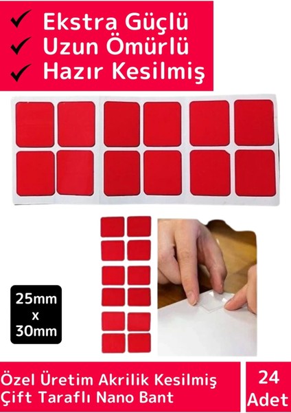 Ekstra Güçlü Akrilik Çift Taraflı Hazır Kesilmiş 25 x 30 mm Montaj Bandı 24'lü