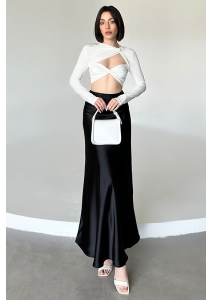 Kadın Siyah Floş Viskon Saten Kemeri Lastikli Fermuarlı Maxi Boy A Line Etek fiyatları