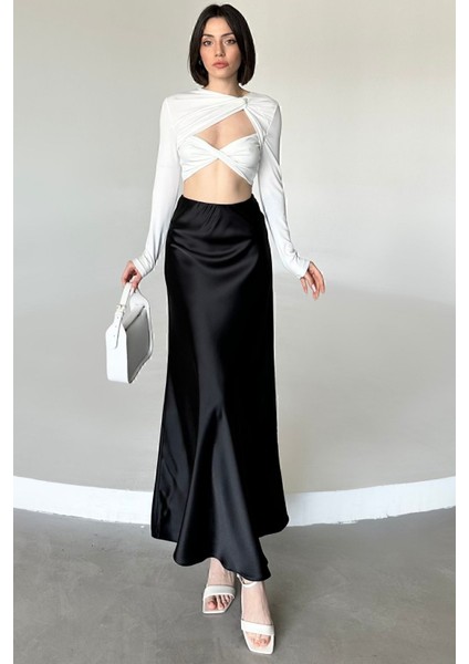 Kadın Siyah Floş Viskon Saten Kemeri Lastikli Fermuarlı Maxi Boy A Line Etek modelleri