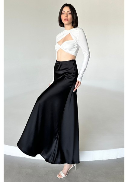 Kadın Siyah Floş Viskon Saten Kemeri Lastikli Fermuarlı Maxi Boy A Line Etek fırsatları