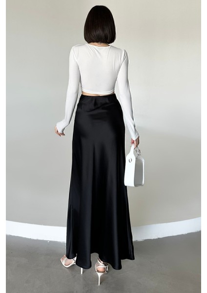 Kadın Siyah Floş Viskon Saten Kemeri Lastikli Fermuarlı Maxi Boy A Line Etek indirimleri